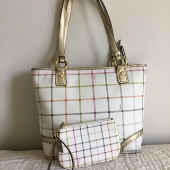 Coach Heritage Tattersall Signature Leather Shoulder Bag Purse, Wristlet & Dusty - Picture 3 of 16